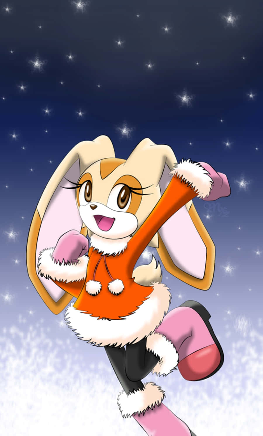 Cream The Rabbit 桌布 壁紙 — 一隻穿著冬季服裝的開心動漫兔，在繁星點點的夜空下，伴隨著飄落的雪花歡快地跳躍。