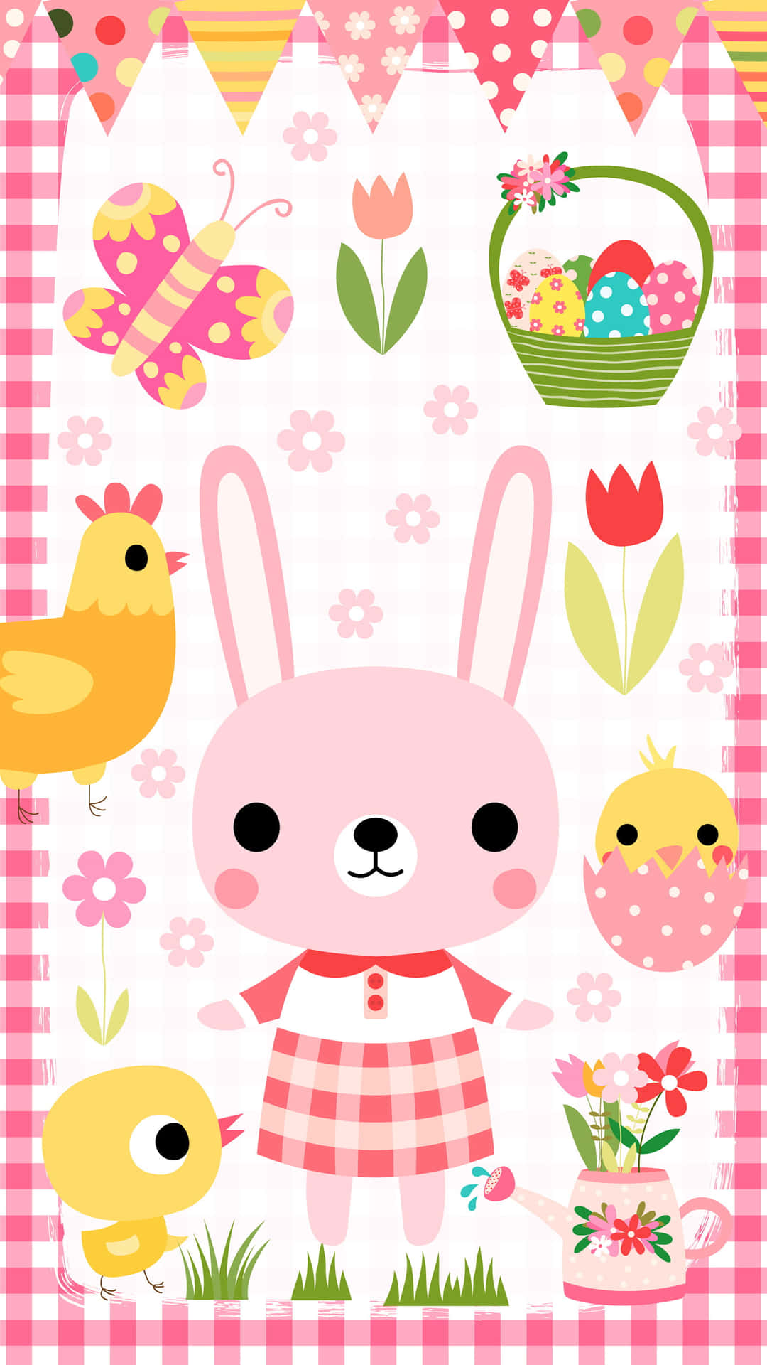 Kawaii Bunny 桌布 壁紙 — 一隻穿著格子裙的快樂粉紅兔站在黃色小雞、花朵和一籃彩色雞蛋之間，背景是粉紅格子圖案。