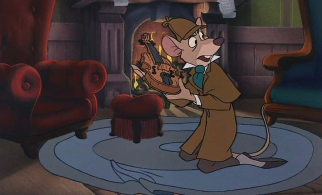 The Great Mouse Detective 桌布 壁紙 — 一隻穿著棕色外套的卡通老鼠偵探，在舒適的客廳裡，於熊熊燃燒的壁爐前拿著小提琴。
