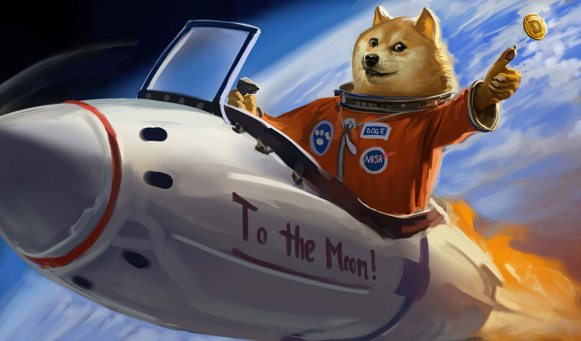 Dog Memes 桌布 壁紙 — 一隻穿著橙色太空衣的柴犬太空人駕駛火箭衝過藍天，附近漂浮著一枚金幣。