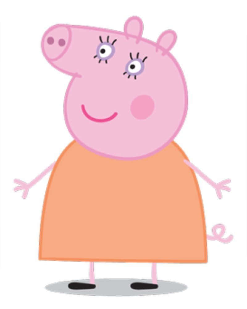 Mummy Pig 桌布 壁紙 — 一隻穿著橙色連衣裙的快樂粉紅色卡通豬，在純白色背景前張開雙臂站立。