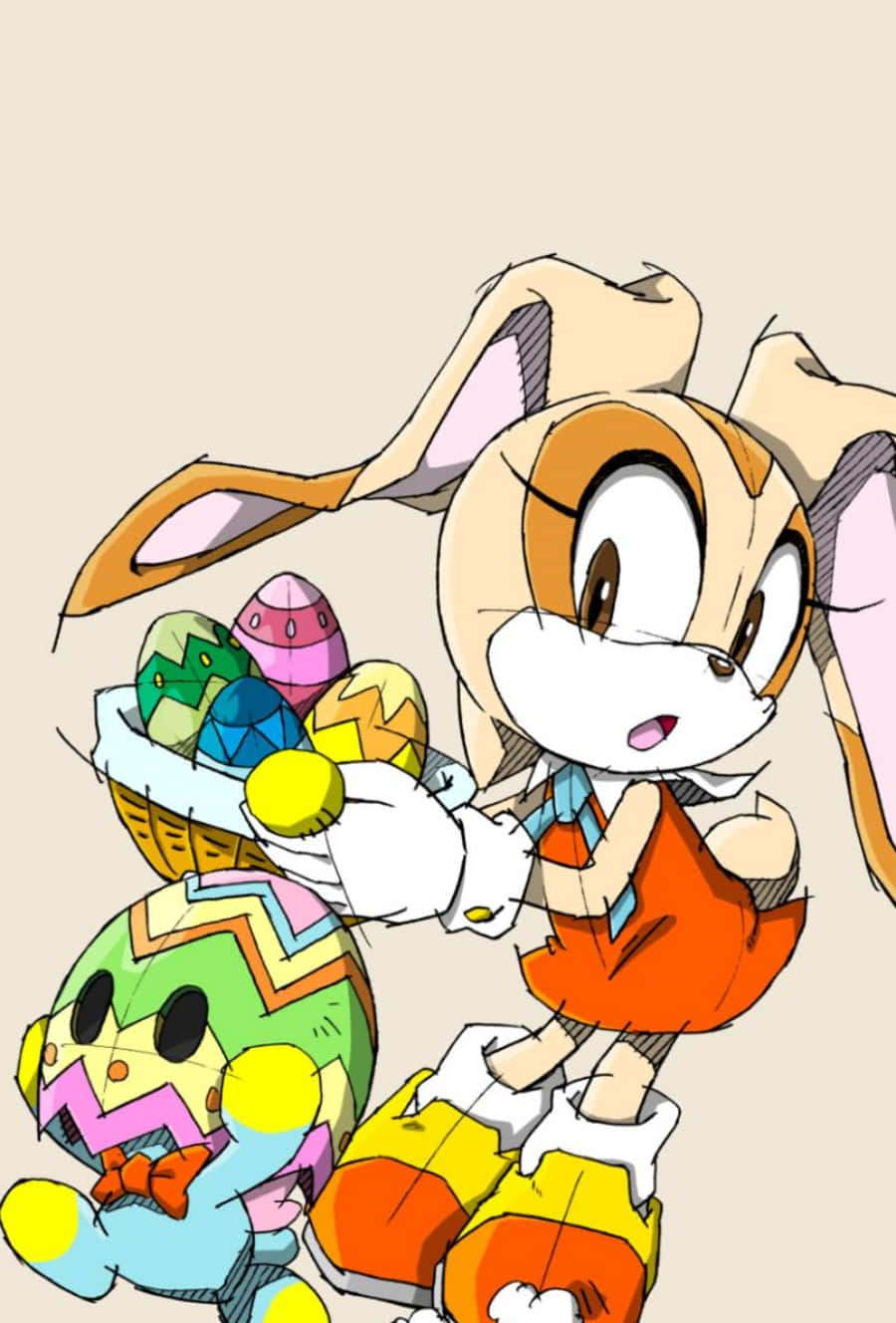 Cream The Rabbit 桌布 壁紙 — 一隻穿著橙色連衣裙的開心動漫兔拿著一籃色彩繽紛圖案的復活蛋，而一個戴著蝴蝶結的小蛋形生物抬頭看著。