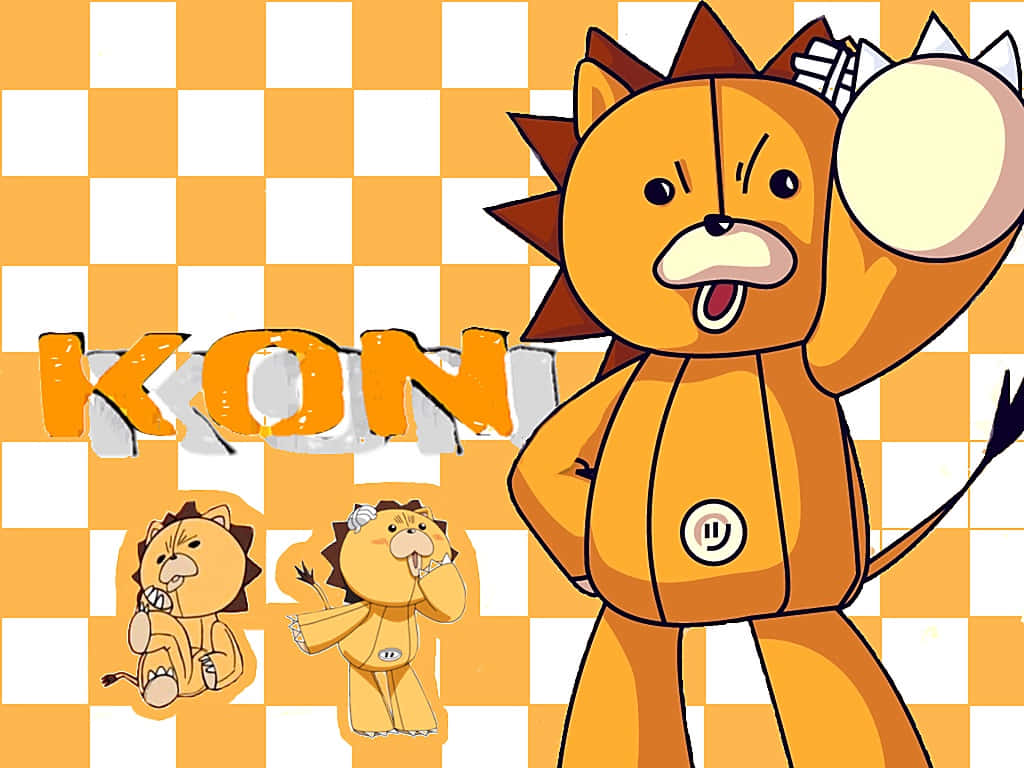 Bleach Kon 桌布 壁紙 — 一隻穿著橙色連身衣的卡通獅子吉祥物，在鮮明的橙色和白色格子背景上拿著鼓。