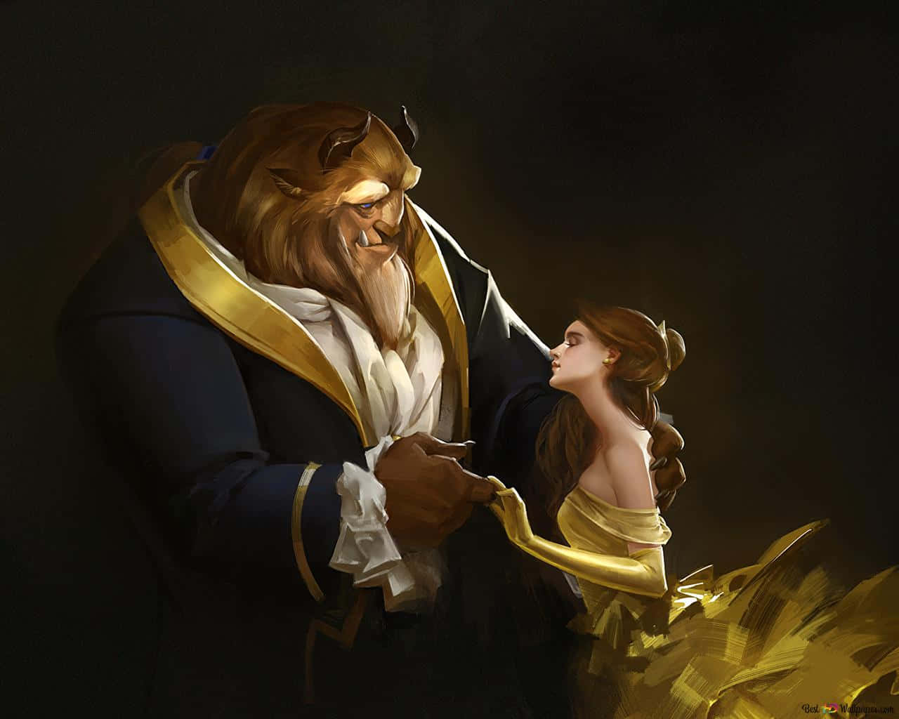 Beautiful Painting 桌布 壁紙 — 一隻穿著正式外套的雄偉野獸，在黑暗背景下輕輕抱著一位身穿金色長袍的女子，共享親密時刻。