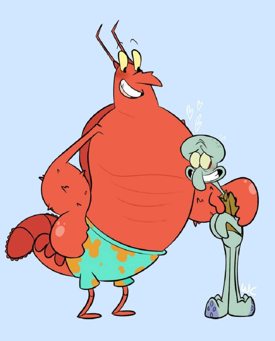 Larry The Lobster 桌布 壁紙 — 一隻穿著泳褲的紅色龍蝦自信地站著，而一隻綠色魷魚緊緊抓住他的腿，心形圖案在他們周圍飄浮。
