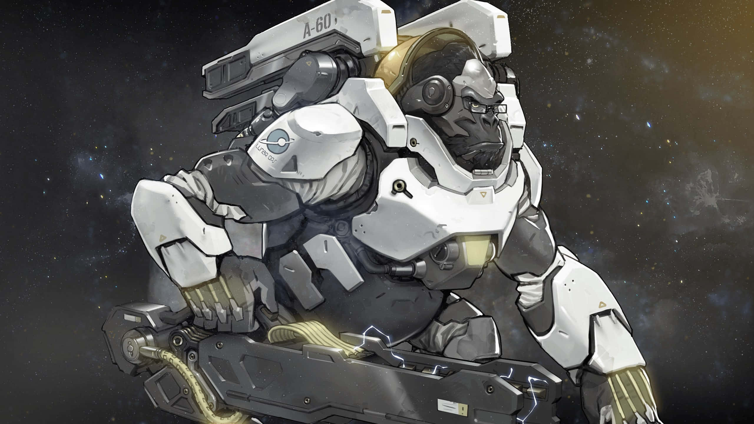 Overwatch Winston 桌布 壁紙 — 一隻穿著白色和灰色未來裝甲的大猩猩，在星光燦爛的宇宙背景下，伴隨著發光的能量效果，強而有力地站立著。