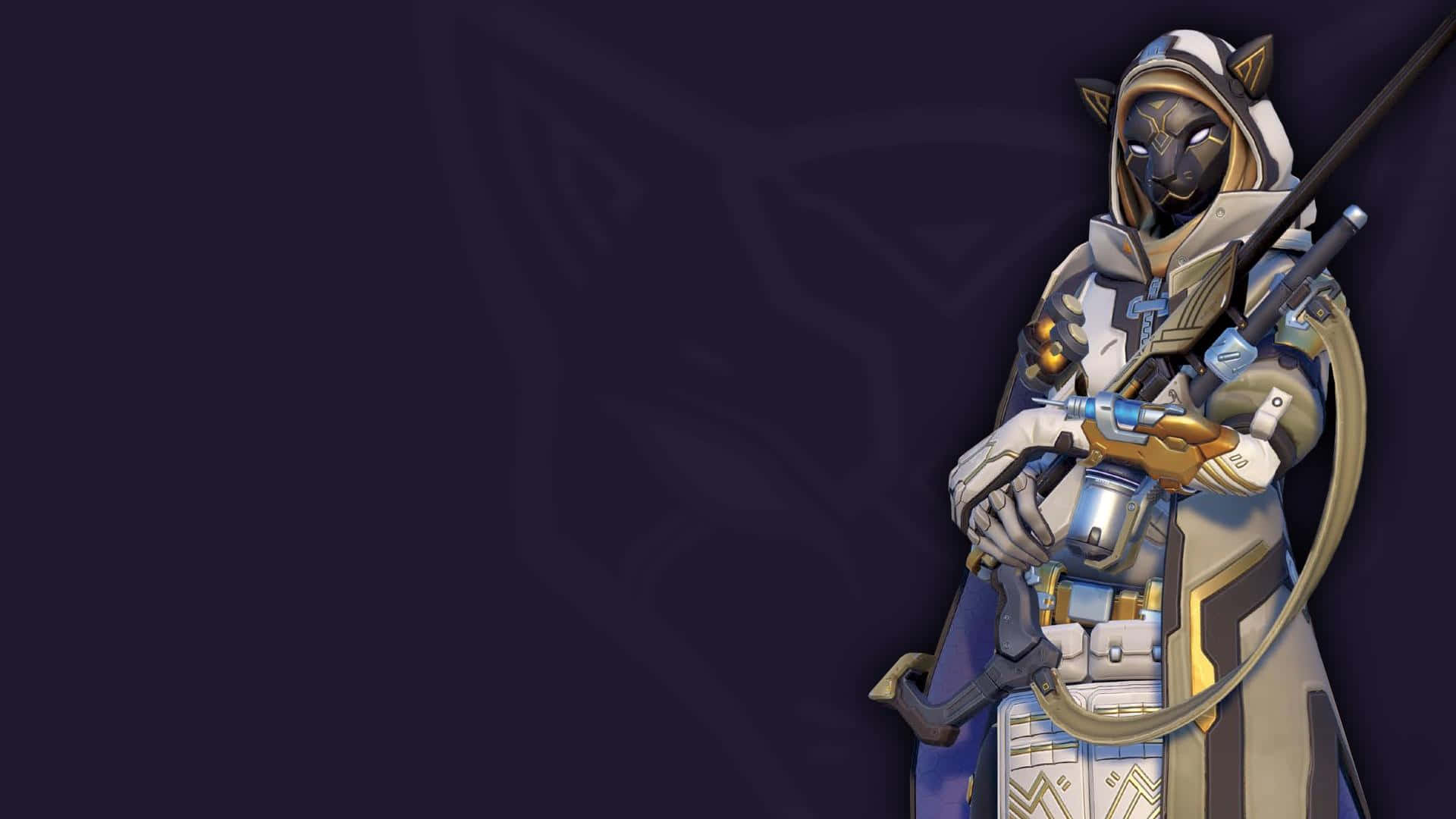 Overwatch Ana 桌布 壁紙 — 一隻穿著白色和金色盔甲的貓戰士，在帶有微妙貓臉圖案的深紫色背景前，手持未來風格的武器。