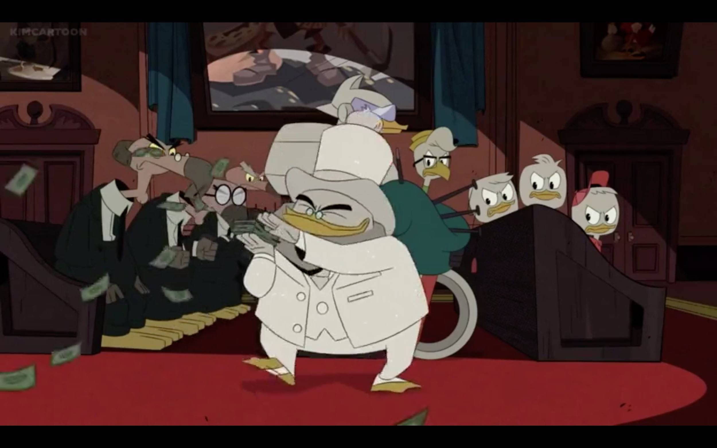 DuckTales Flintheart 壁紙 — 一隻穿著白色西裝的卡通鴨子在昏暗的房間裡，在掉落的錢幣中快樂地跳舞，周圍是憤怒的小鴨子。