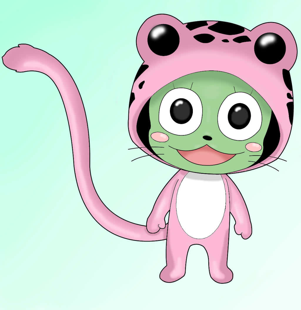 Frosch 桌布 壁紙 — 一隻穿著粉紅色豹紋服裝、長尾巴的快樂綠色青蛙角色，在柔和的薄荷色背景上微笑。