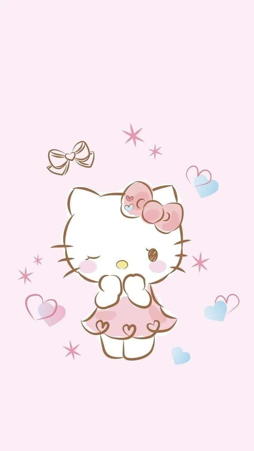 Kawaii Hello Kitty 桌布 壁紙 — 一隻穿著粉紅色連衣裙的可愛卡通貓咪，周圍漂浮著心形和星星，背景是柔和的粉紅色。