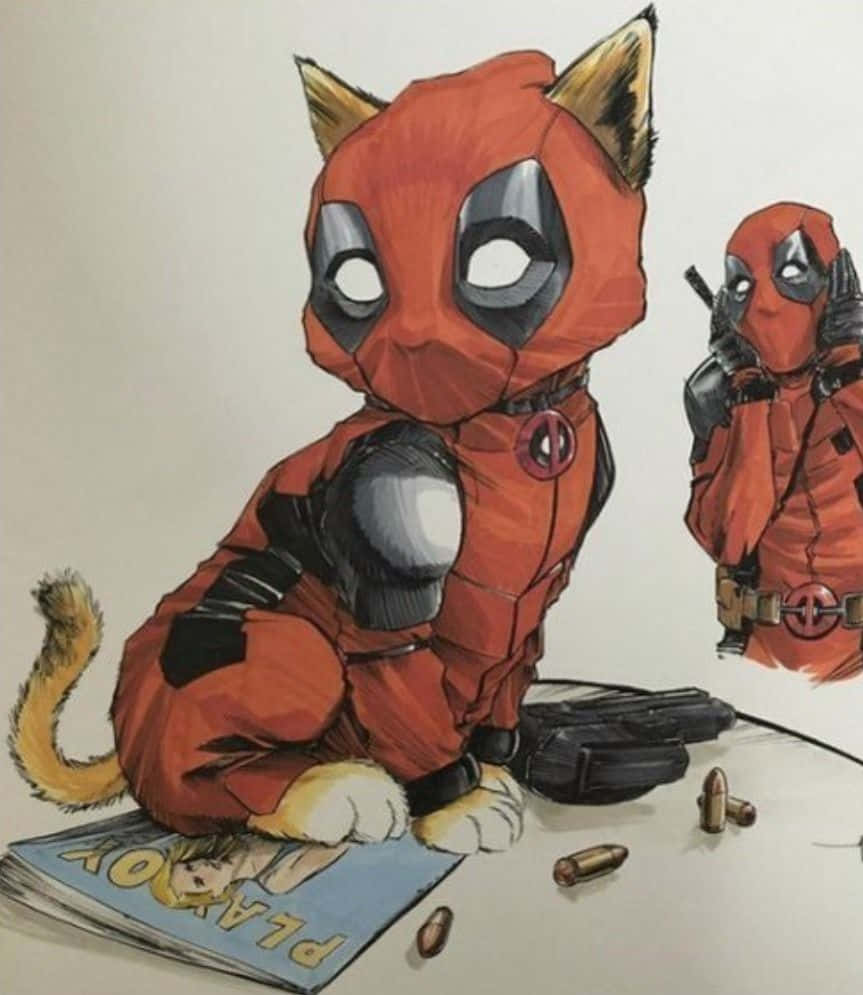 Deadpool Cartoon 桌布 壁紙 — 一隻穿著紅色套裝的Q版死侍貓坐在漫畫書上，附近有槍和子彈，另一隻死侍站在後面。