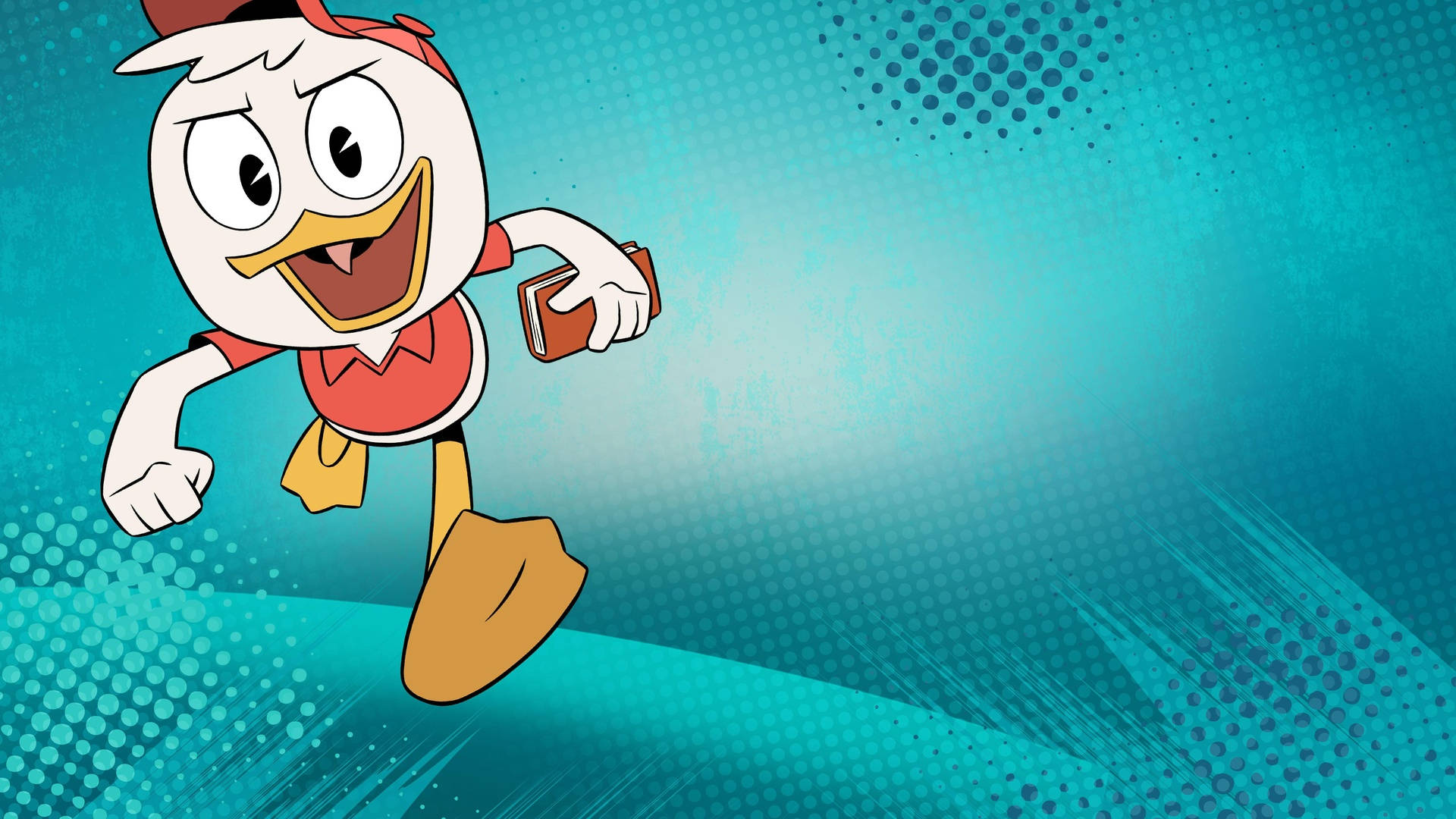 DuckTales Huey 壁紙 — 一隻穿著紅色襯衫和帽子的卡通鴨子在帶有半色調點和運動線條的青綠色背景上快樂地奔跑。