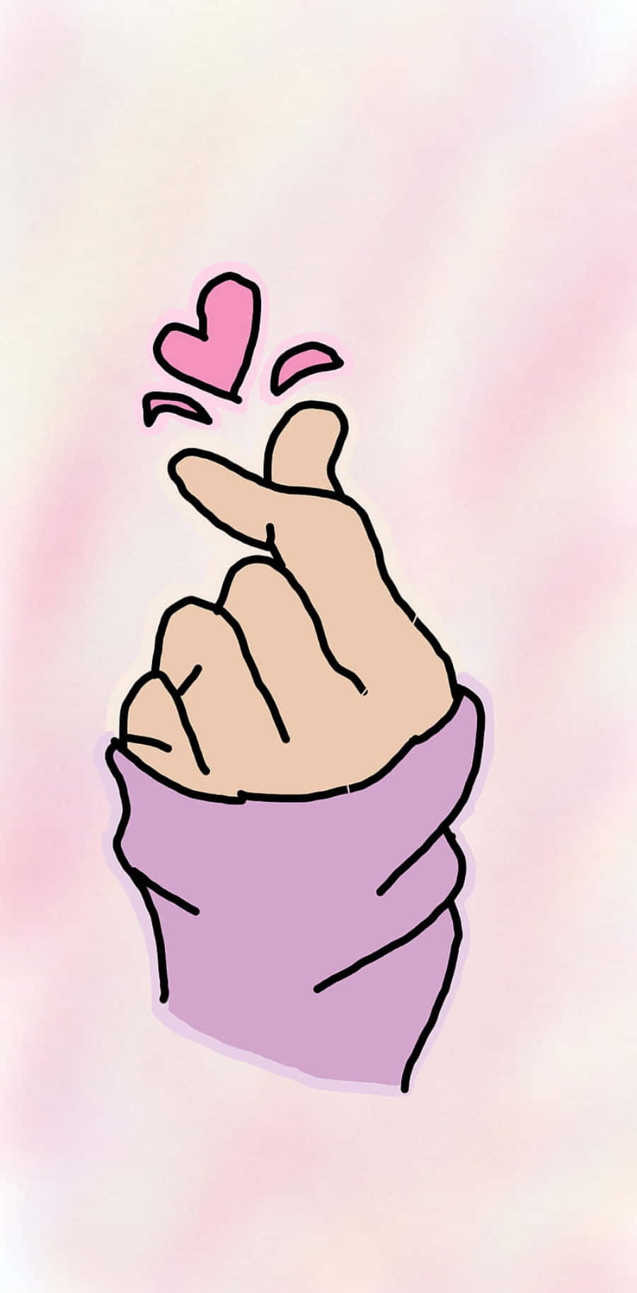 可愛少女風gif 桌布 壁紙 — 一隻穿著紫色袖子的手做出心形手勢，粉紅色心形在柔和的漸變粉彩背景上漂浮。