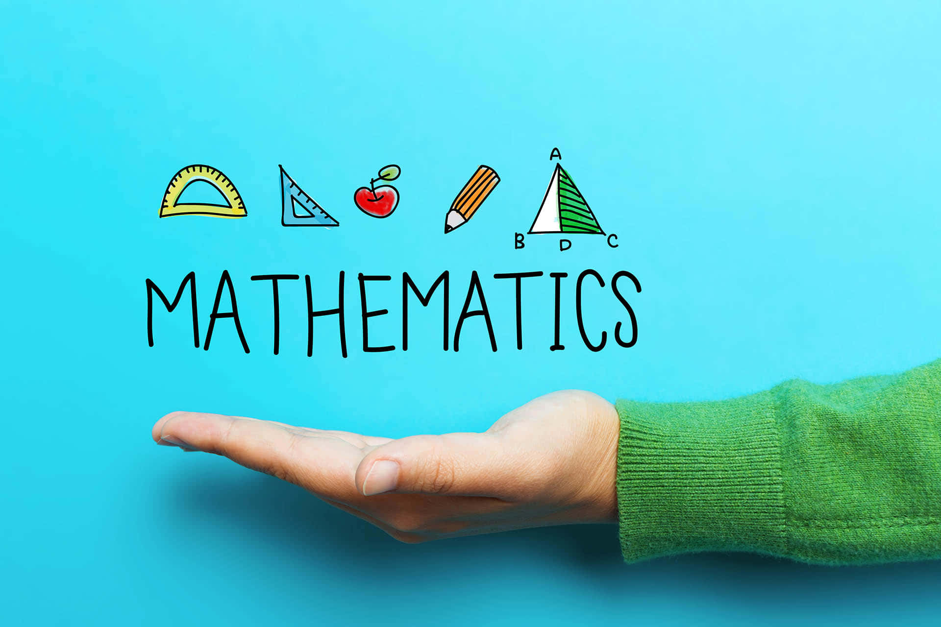 mathematics 桌布 壁紙 — 一隻穿著綠色袖子的手在明亮的藍色背景上舉起卡通數學符號和數學一詞。