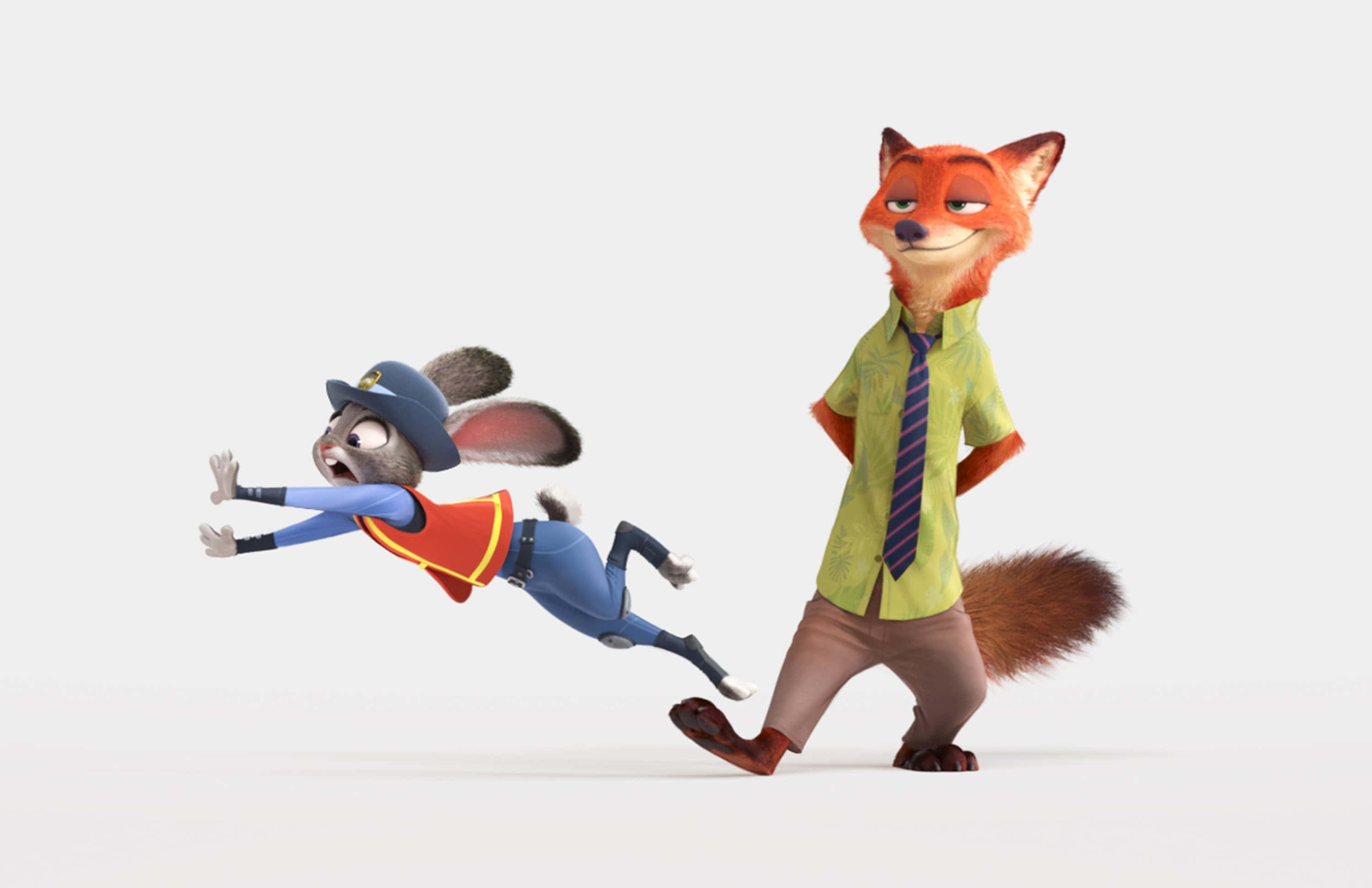 Animation Movies 桌布 壁紙 — 一隻穿著綠色襯衫的狐狸得意地走著，一隻穿著警察制服的兔子在半空中飛過他身邊。