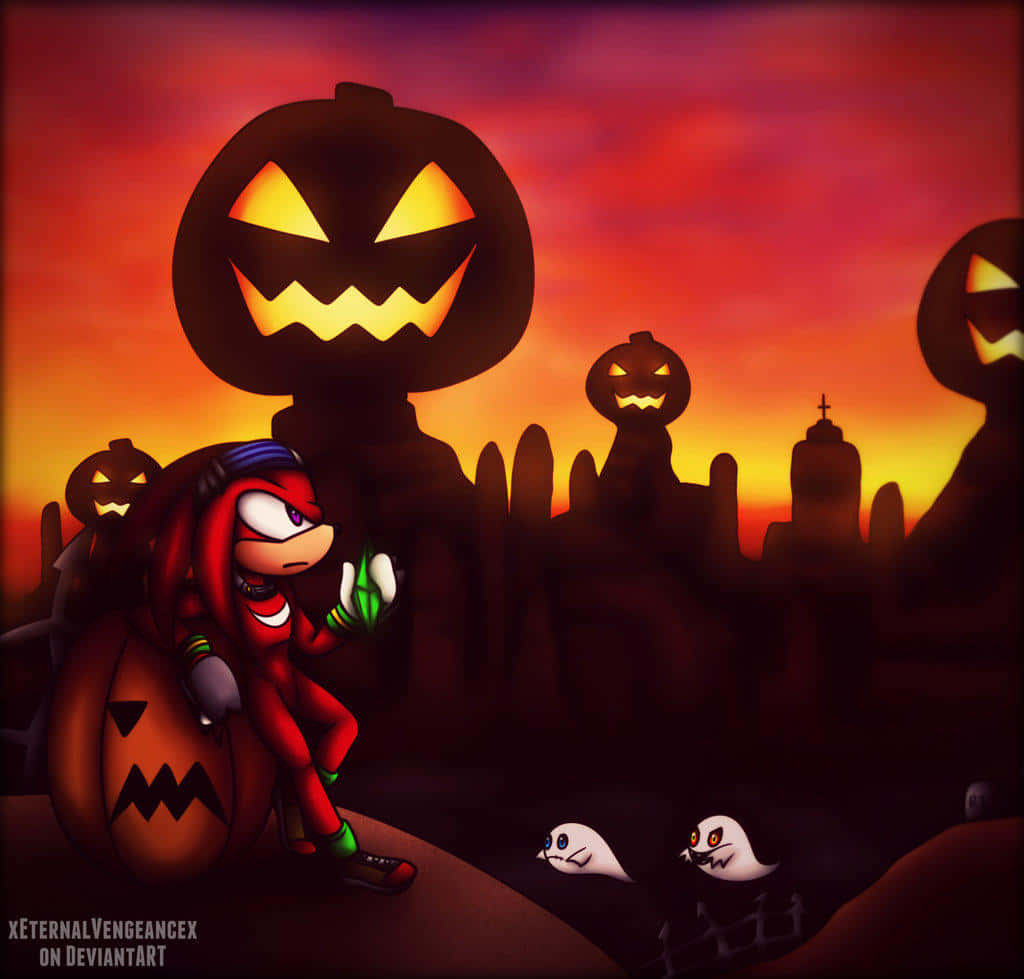 Sonic Pumpkin Hill 桌布 壁紙 — 一隻穿著萬聖節裝備的紅色刺蝟站在傑克南瓜燈旁邊，巨大的發光南瓜在黃昏時分籠罩著墓地。