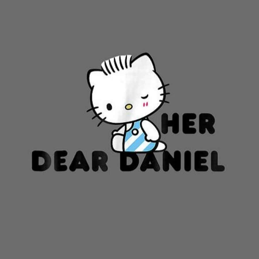 Dear Daniel 桌布 壁紙 — 一隻穿著藍白條紋襯衫的卡通貓咪坐在灰色背景上，旁邊有粗體文字寫著 her dear daniel。