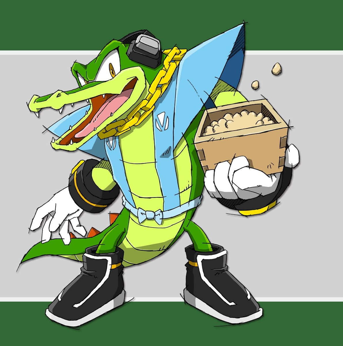 Vector The Crocodile 桌布 壁紙 — 一隻穿著藍色外套、戴著金鏈的卡通鱷魚，帶著頑皮的笑容捧著一盒爆谷。