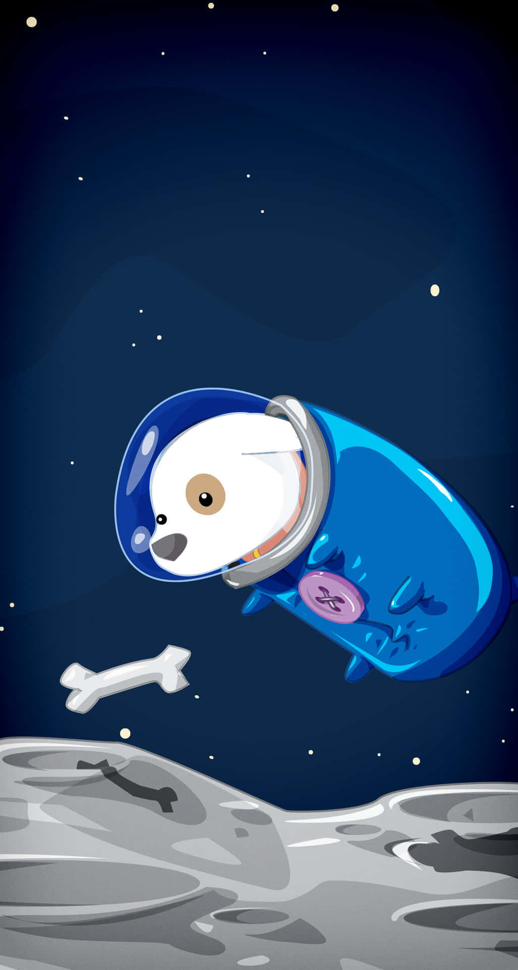 Cartoon Space 桌布 壁紙 — 一隻穿著藍色太空衣的可愛卡通狗在月球表面上方漂浮，對著星空夜空拿著一根骨頭。