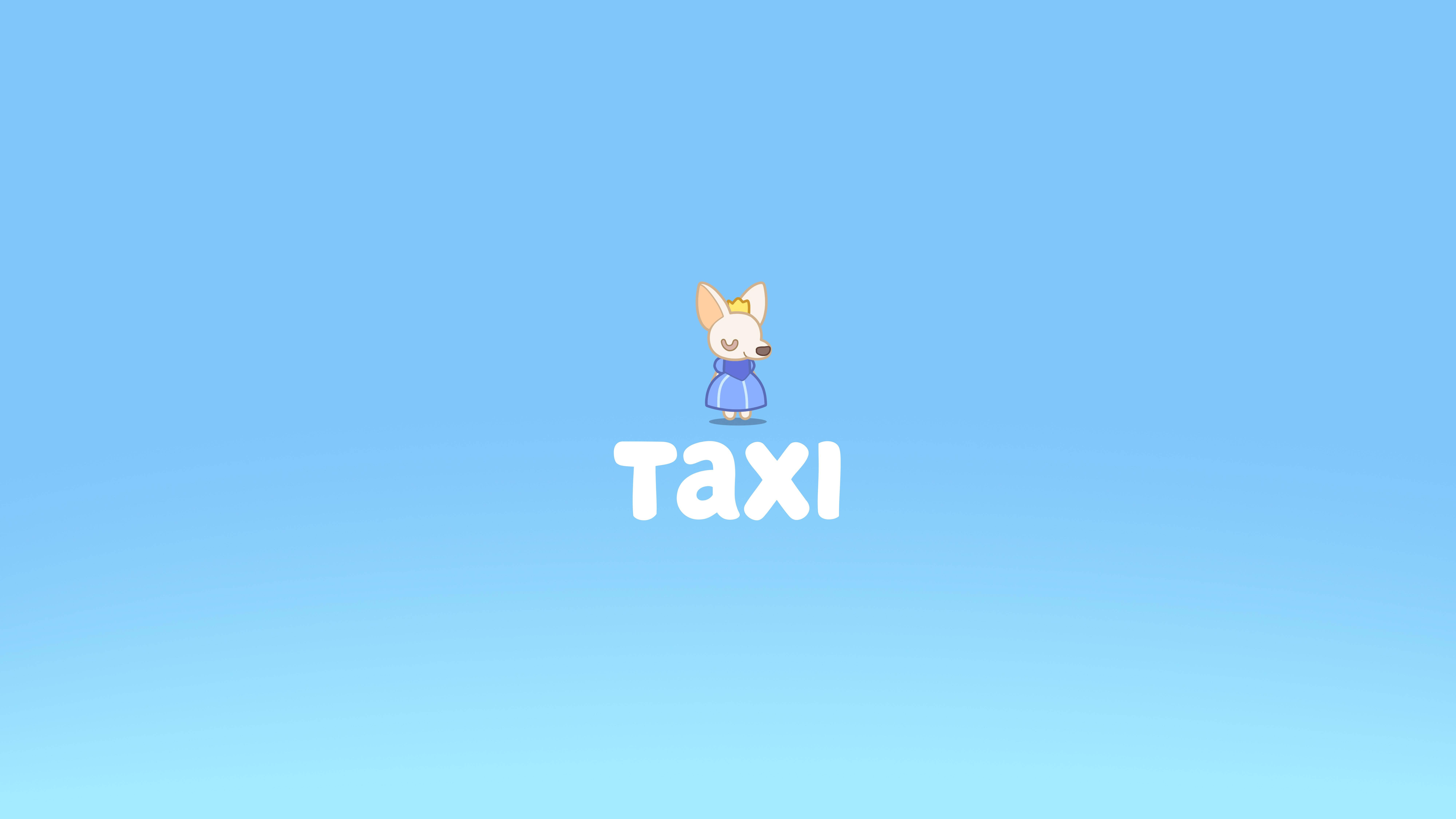 Bluey 桌布 壁紙 — 一隻穿著藍色連衣裙和皇冠的可愛卡通狐狸站在 taxi 一詞上方，背景是柔和的漸變藍色。