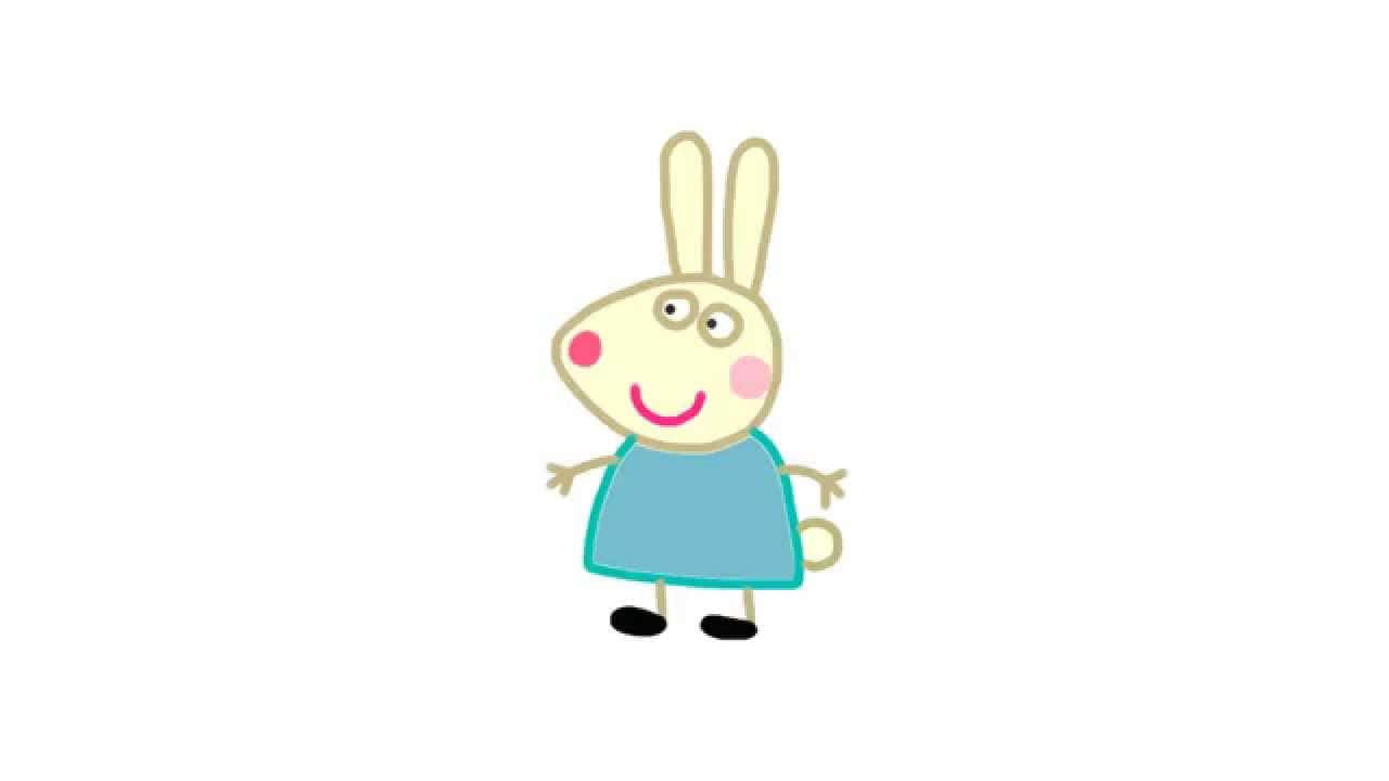 Rebecca Rabbit 桌布 壁紙 — 一隻穿著藍色連衣裙的快樂卡通兔在純白色背景上燦爛地微笑。