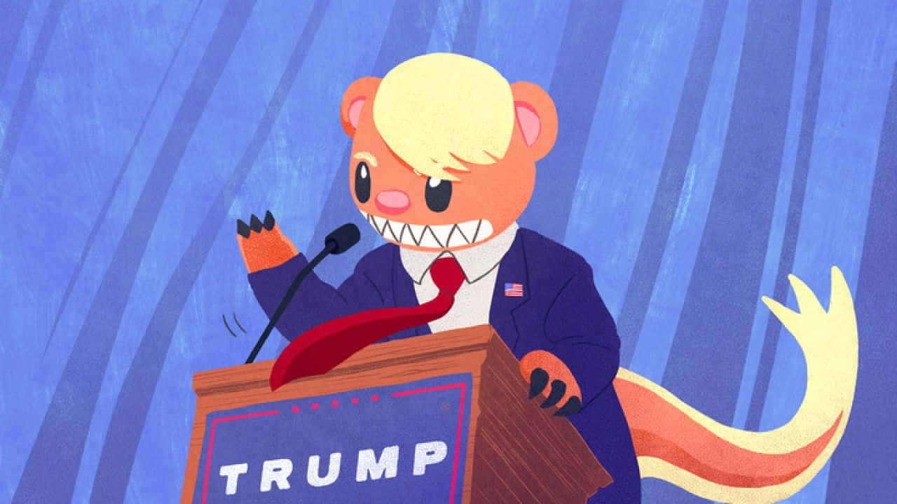 Pokémon Yungoos 壁紙 — 一隻穿著西裝和紅色領帶的卡通熊站在標有TRUMP的講台上，揮舞著鋒利的牙齒和長尾巴，背景是藍色窗簾。