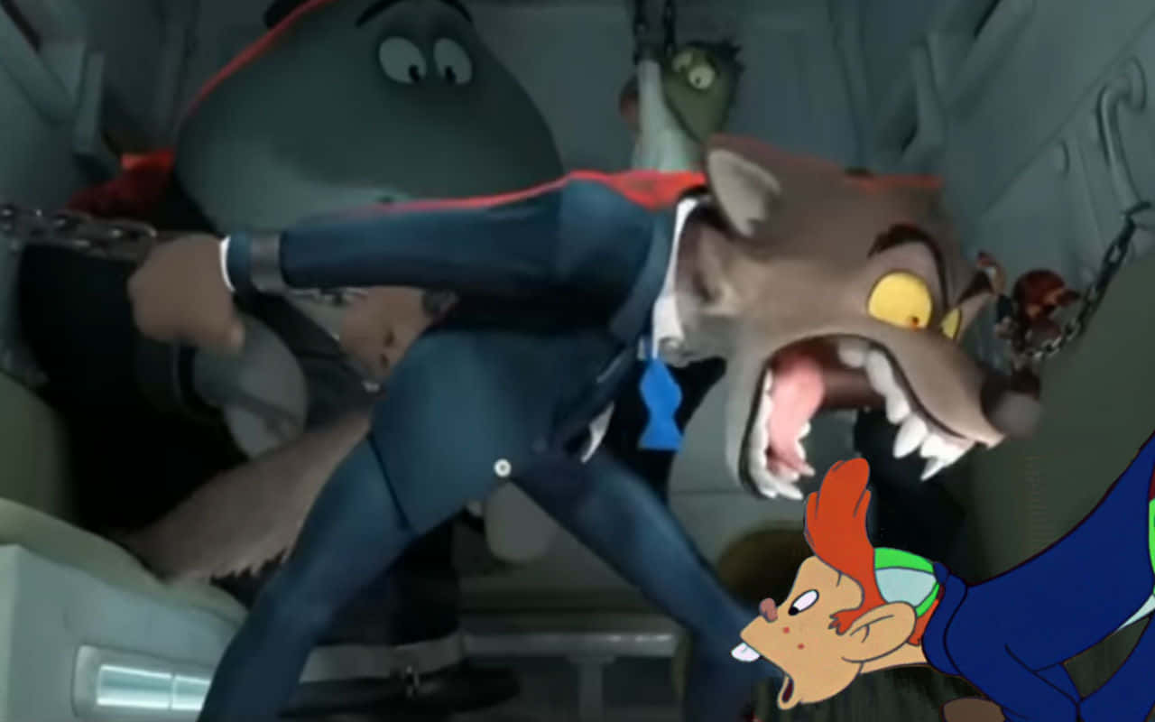 Wolf Attack 桌布 壁紙 — 一隻穿著西裝的卡通狼在金屬房間內與其他動畫角色一起被鎖鏈鎖住，並發出攻擊性的咆哮。