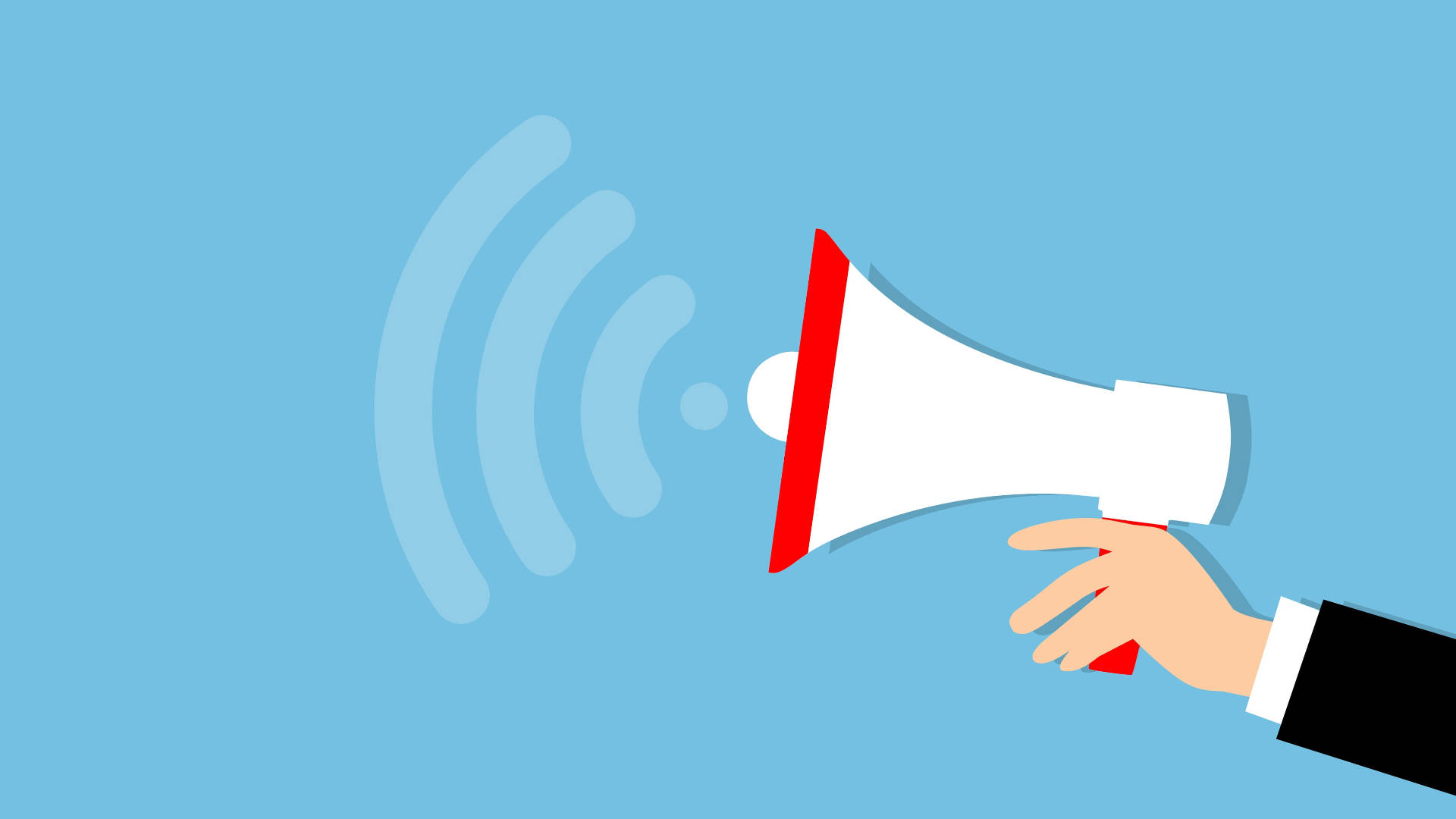 Communication 桌布 壁紙 — 一隻穿著西裝的手拿著一個帶紅色邊框的白色擴音器，在純藍色背景上發出聲波。