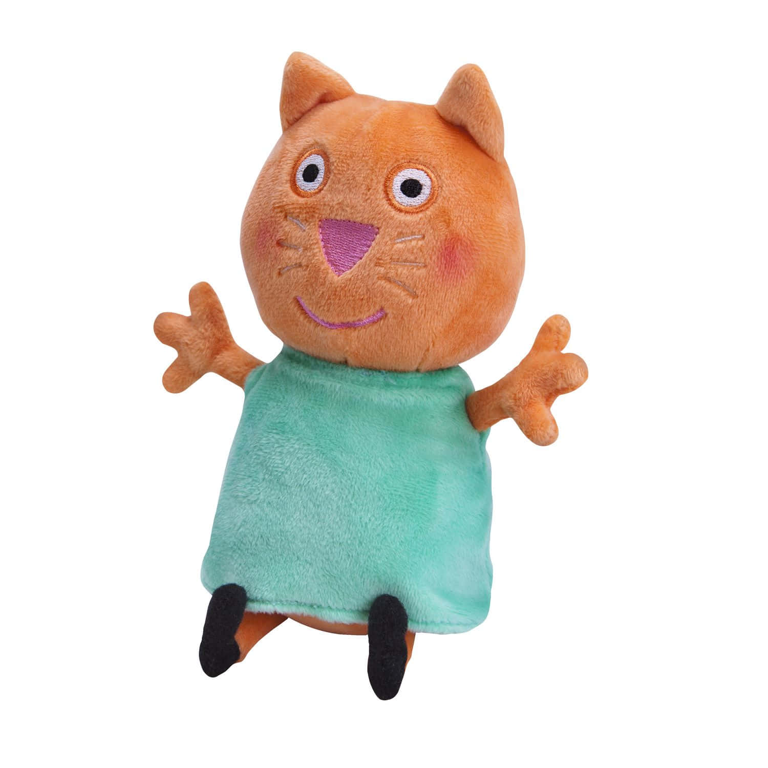 Candy Cat 桌布 壁紙 — 一隻穿著青綠色連衣裙、雙臂張開的橙色開心毛絨貓玩具，背景為白色。