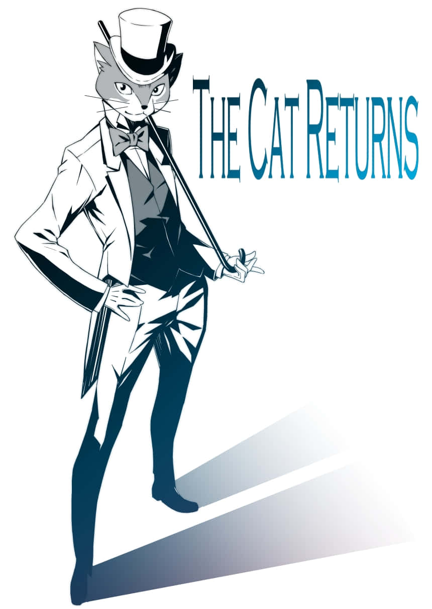 the cat returns 桌布 壁紙 — 一隻穿著高帽和燕尾服的時髦擬人化貓咪，在純色背景前自信地拿著手杖。