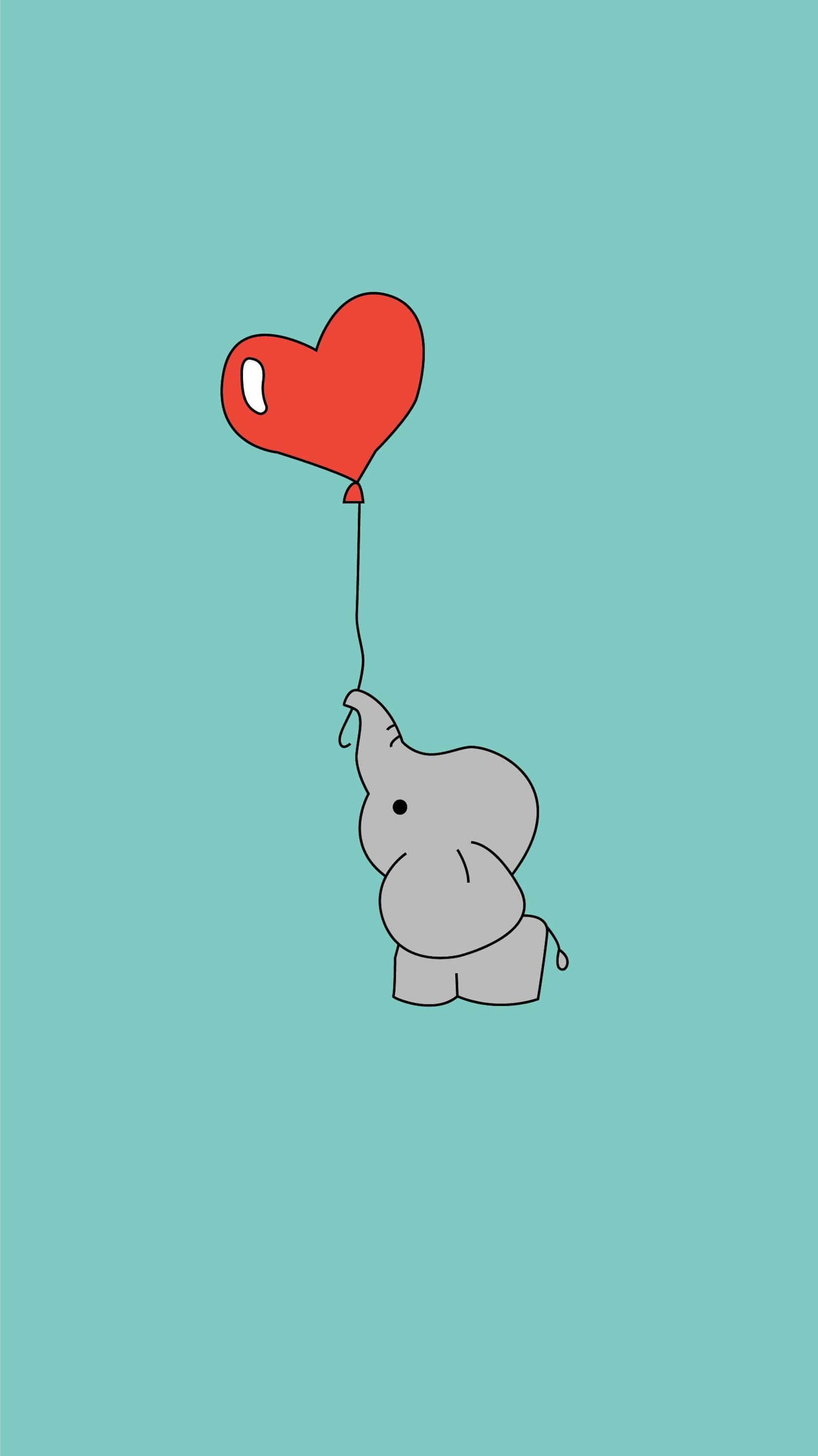 Kawaii Elephant 桌布 壁紙 — 一隻簡約的灰色大象拿著一個紅色心形氣球，背景是純青色。