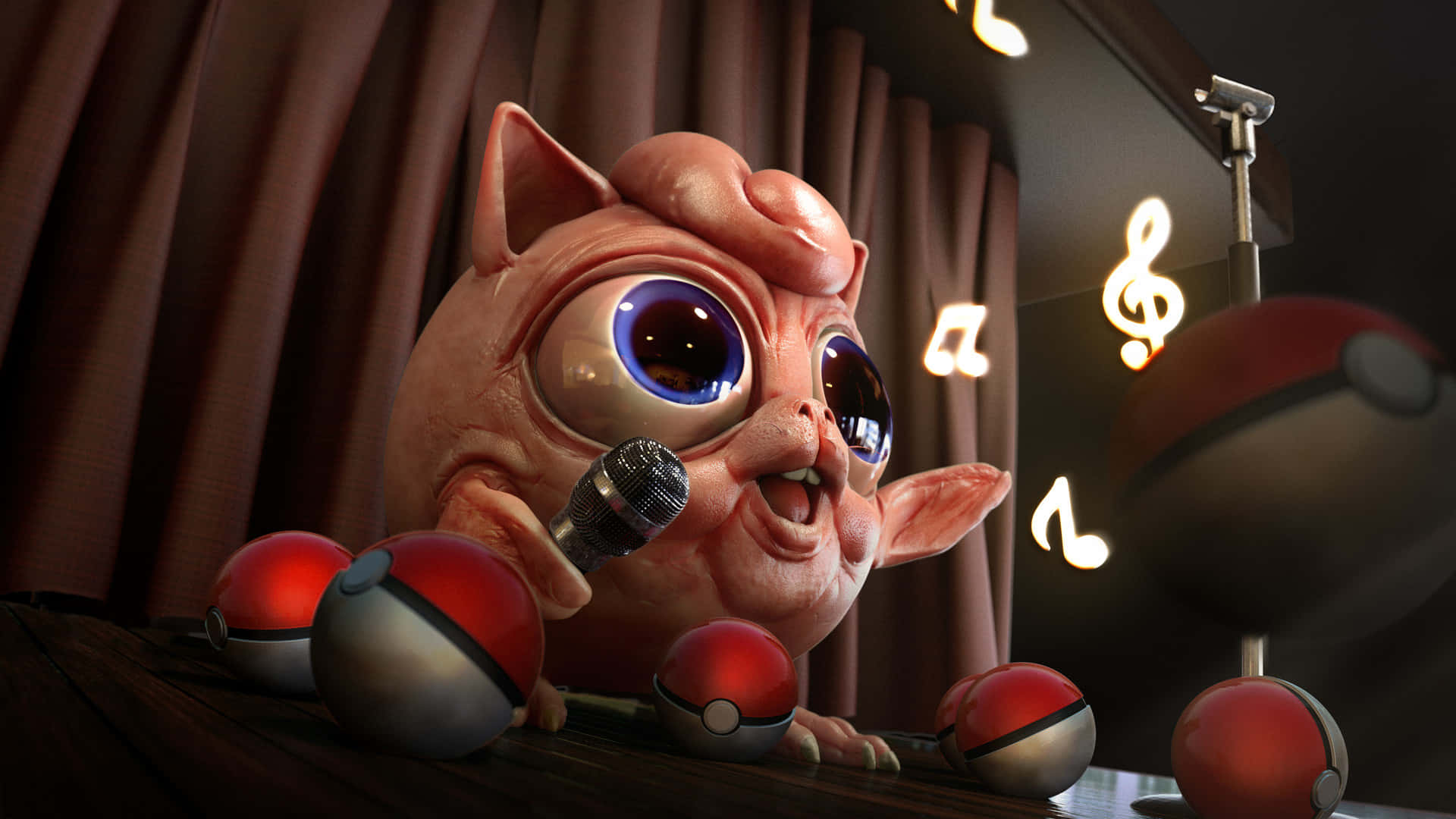 Jigglypuff 桌布 壁紙 — 一隻粉紅色動畫寶可夢在舞台上對著麥克風唱歌，周圍環繞著發光的音符和精靈球。