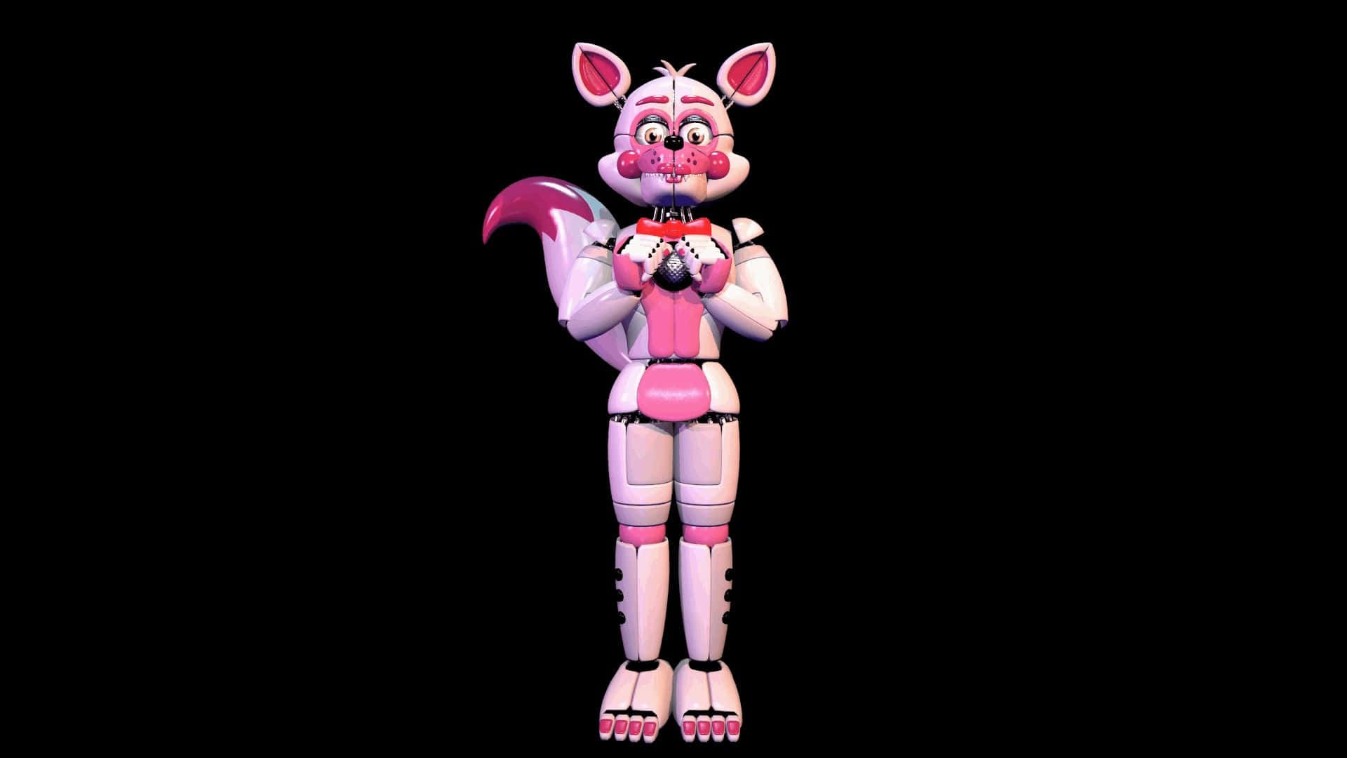 Funtime Foxy 桌布 壁紙 — 一隻粉紅色和白色的電子動畫狐狸，戴著蝴蝶結，站在黑色背景前，手持麥克風。