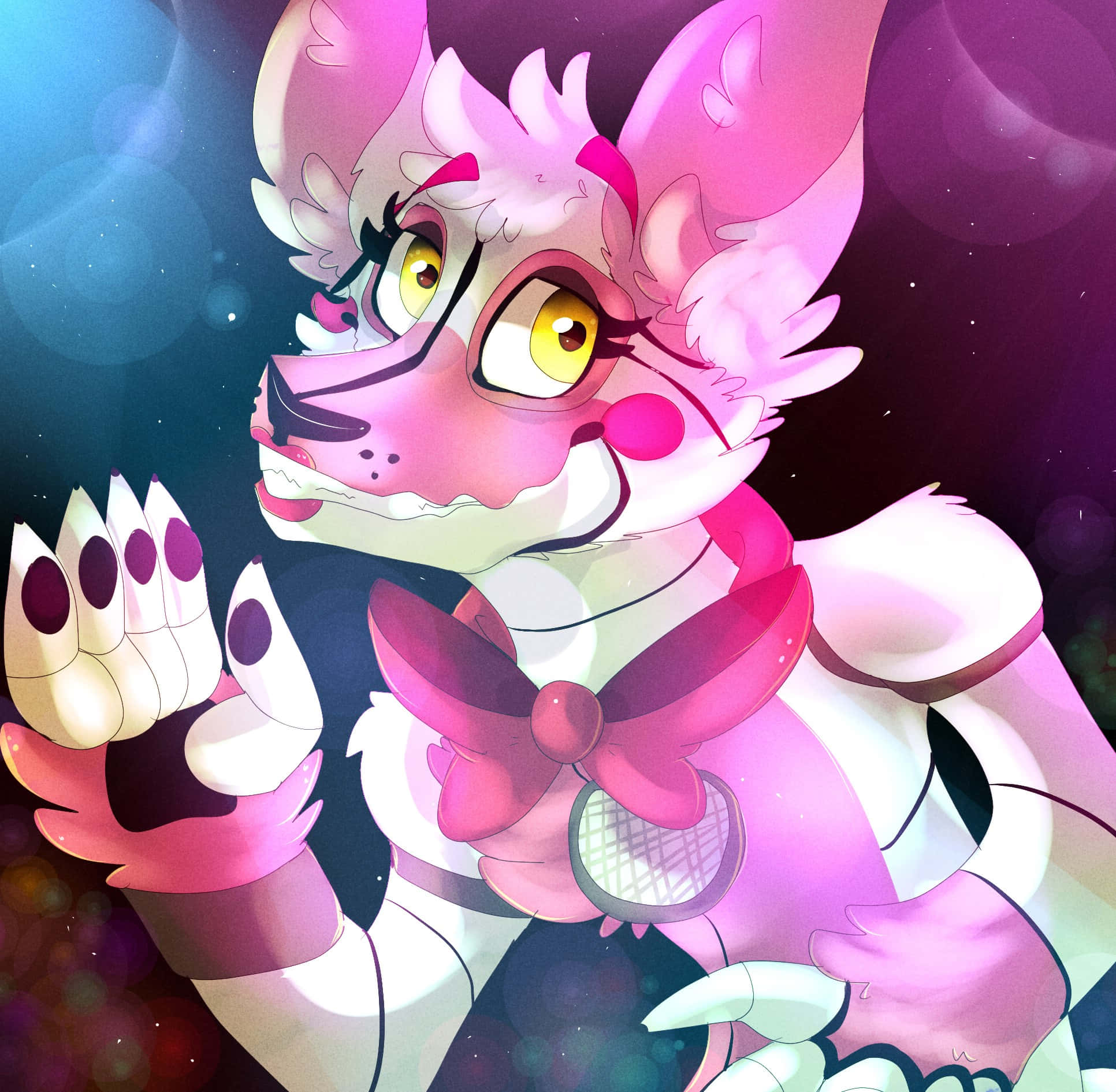 Funtime Foxy 桌布 壁紙 — 一隻粉紅色擬人化狐狸，擁有黃色眼睛和蝴蝶結，在宇宙星空背景下愉快地做手勢。