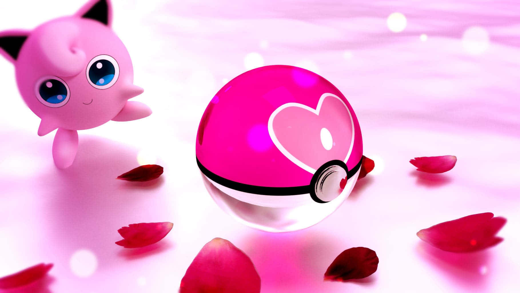 Jigglypuff 桌布 壁紙 — 一隻粉紅色的胖丁漂浮在一個飾有心形的精靈球旁邊，周圍散落著玫瑰花瓣，背景是柔和的粉紅色。