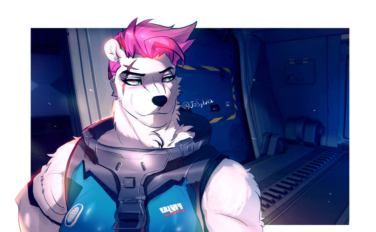 Overwatch Zarya 桌布 壁紙 — 一隻粉紅色頭髮的擬人化狼穿著未來風格的盔甲，自信地站在燈光昏暗的太空船走廊內。