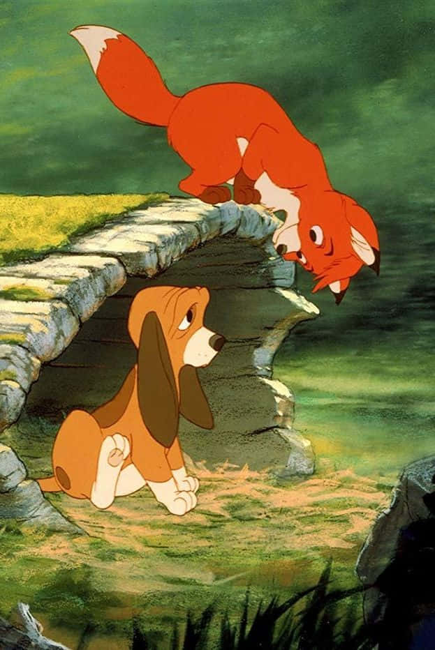 the fox and the hound 桌布 壁紙 — 一隻紅狐狸從石橋上俯視著下方茂密綠色森林中一隻悲傷的巴吉度獵犬。