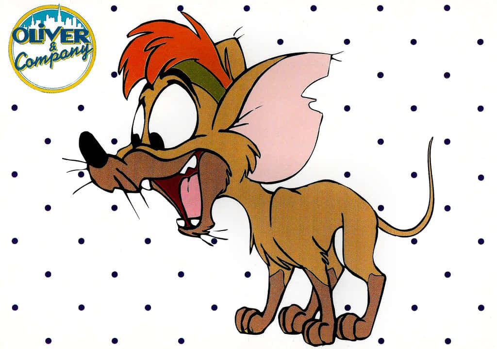 oliver and company 桌布 壁紙 — 一隻紅髮大眼嘅卡通老鼠喺白色背景上嘅藍色波點前面大叫。