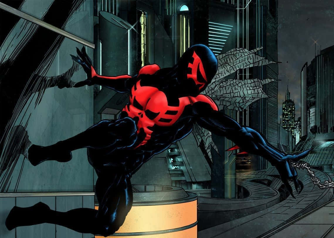 Spider Man 2099 桌布 壁紙 — 一隻紅黑蜘蛛俠在夜晚動態地跳躍穿過黑暗的未來城市景觀。