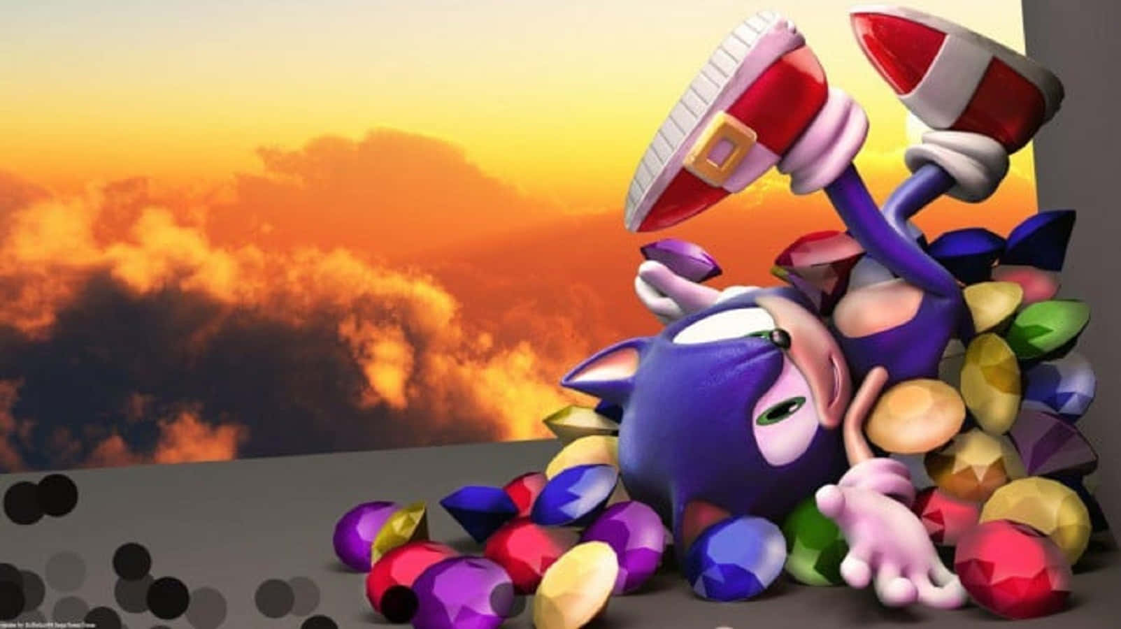Chaos Emeralds 桌布 壁紙 — 一隻紫色刺蝟頑皮地埋在色彩繽紛的寶石中，背景是熾熱的日落天空。
