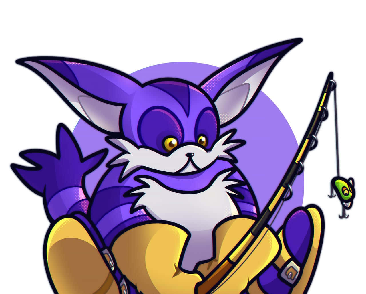 Big The Cat 桌布 壁紙 — 一隻紫色卡通狐狸，黃色眼睛，手持帶有綠色假餌的魚竿，背景為紫色圓形。