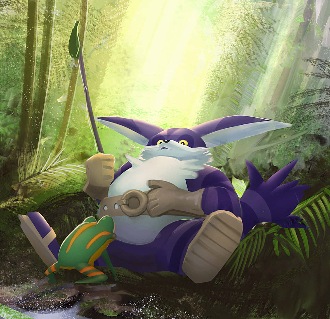 Big The Cat 桌布 壁紙 — 一隻紫色和白色的狐狸狀生物，有大耳朵，盤腿坐在陽光明媚的叢林中，手持一根杖，旁邊有一隻綠色的小青蛙。