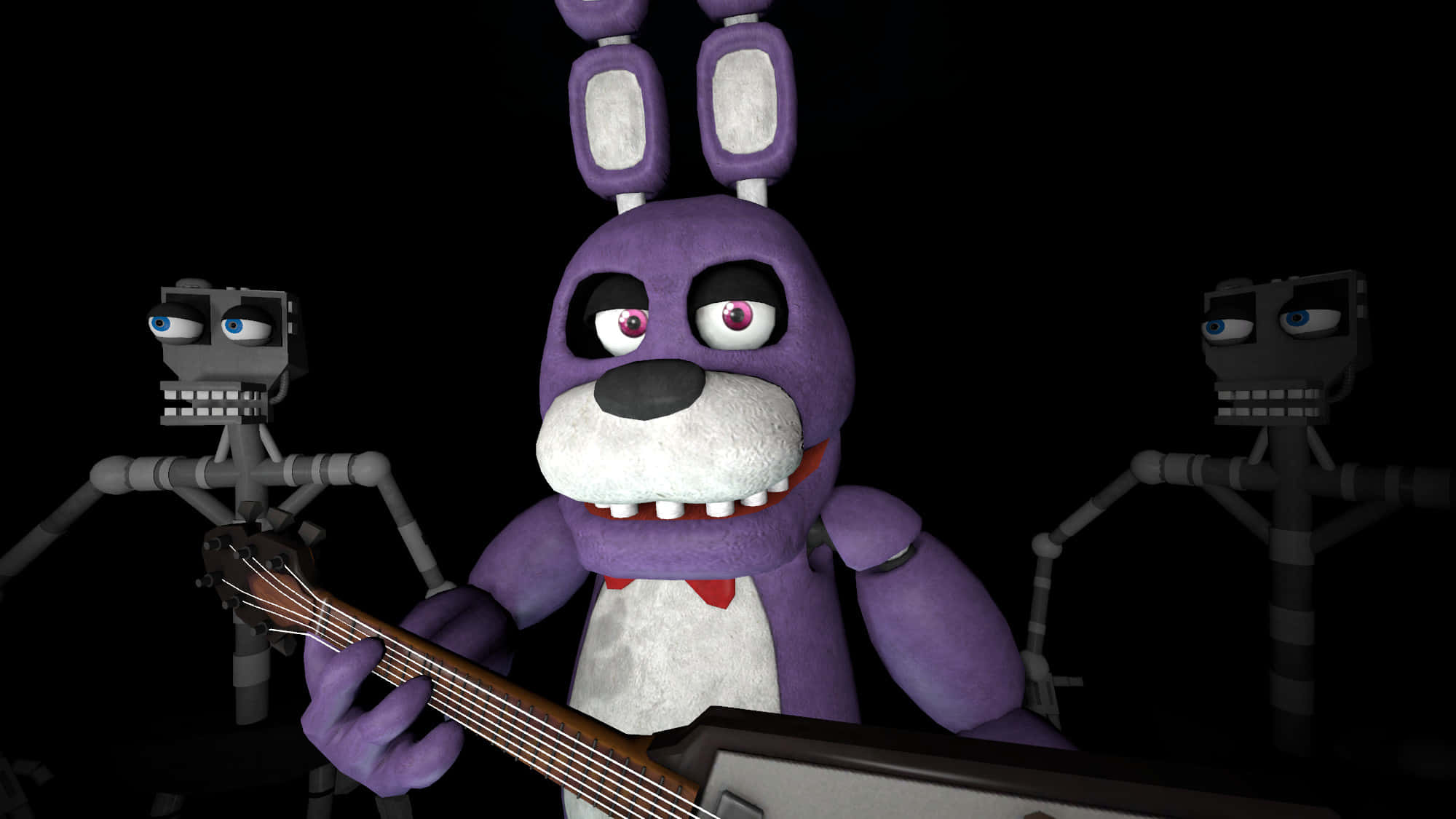 Bonnie The Bunny 桌布 壁紙 — 一隻紫色嘅電子兔仔有大眼睛彈結他，兩邊有兩個機械人企喺黑色背景前面。