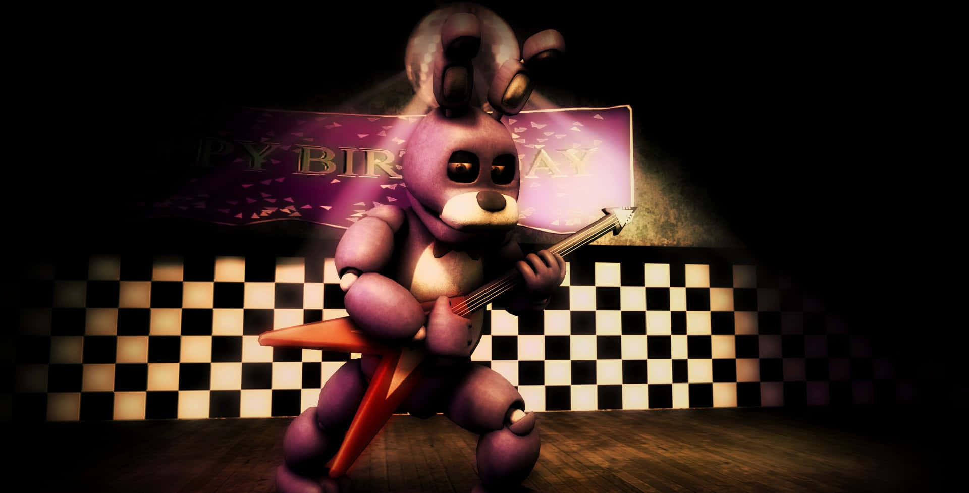 Bonnie The Bunny 桌布 壁紙 — 一隻紫色嘅電子兔喺聚光燈下，喺格仔牆同生日橫幅前面彈緊紅色電結他。