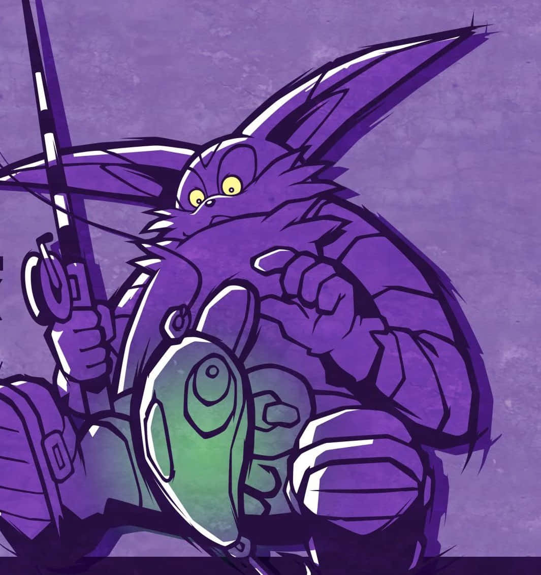 Big The Cat 桌布 壁紙 — 一隻紫色擬人化兔子，黃色眼睛，在帶紋理的紫色背景前拿著魚竿和一條綠色魚。