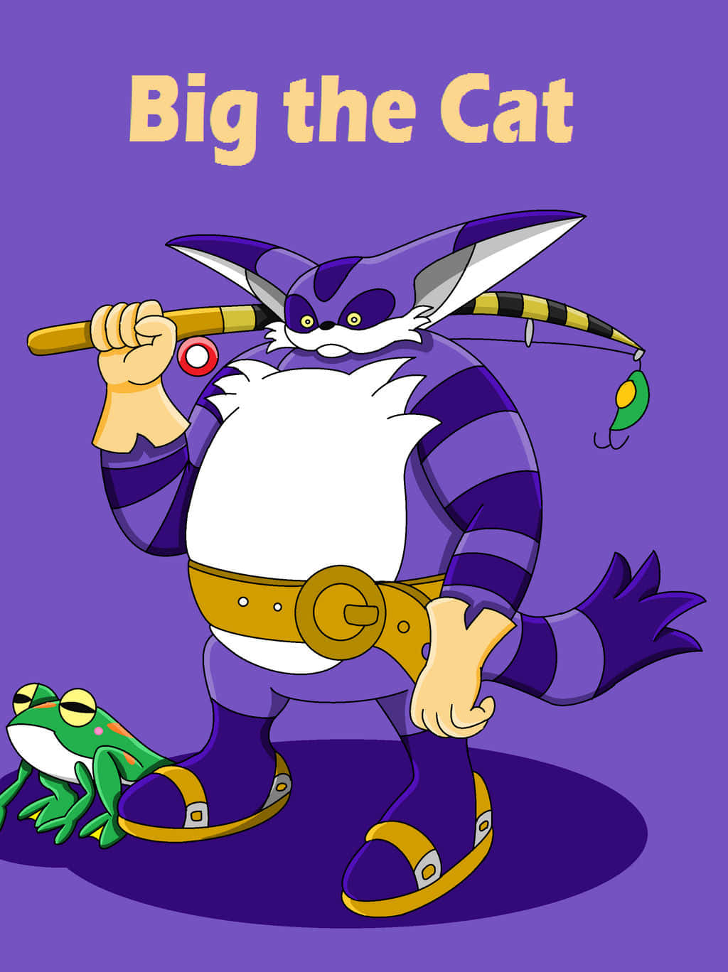 Big The Cat 桌布 壁紙 — 一隻紫色條紋卡通貓拿著魚竿，自豪地站在一隻綠色青蛙旁邊，背景是純紫色。