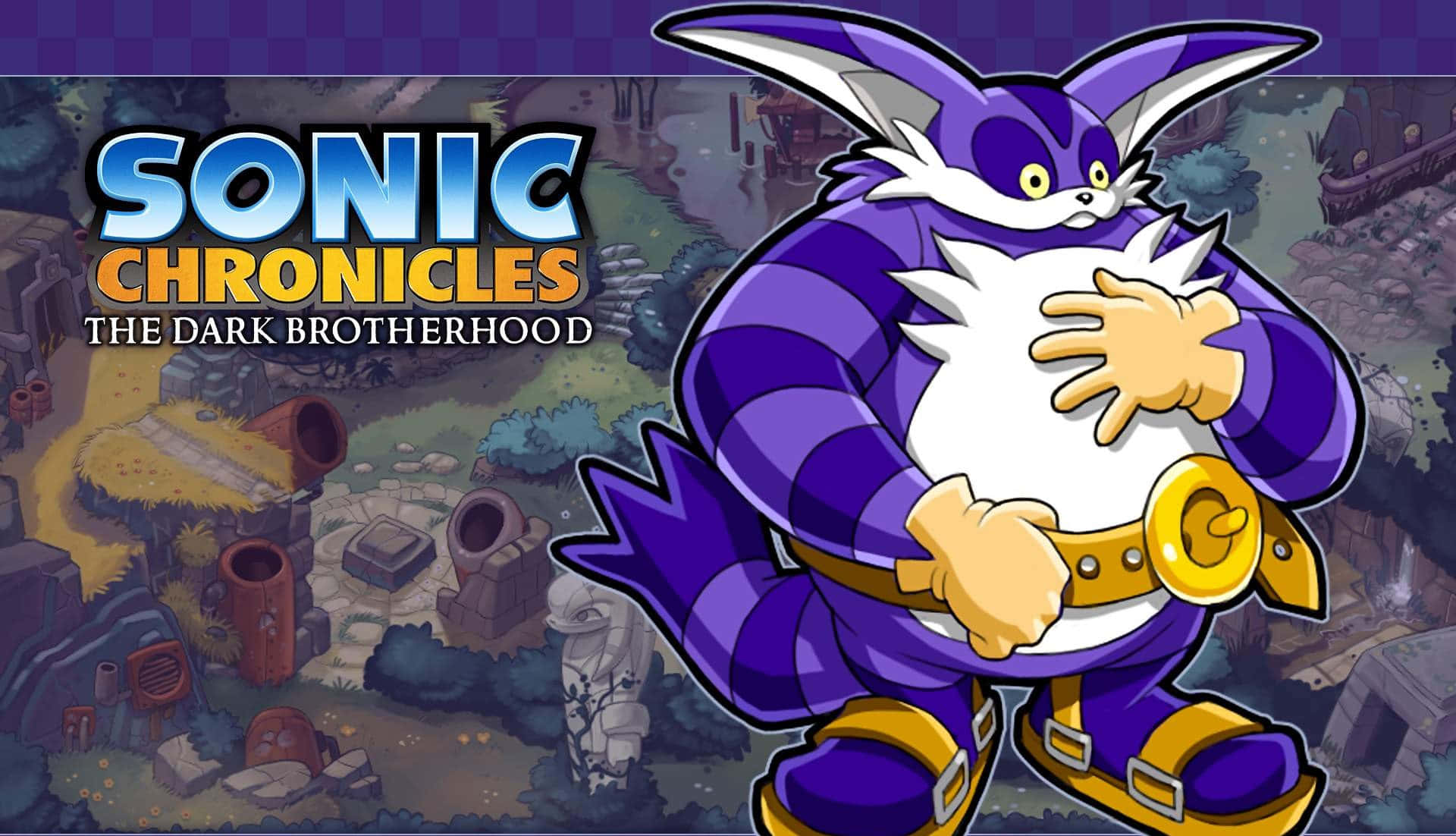 Big The Cat 桌布 壁紙 — 一隻紫色條紋擬人化狐狸，白色胸口和黃色腰帶，自信地站在《Sonic Chronicles》的遊戲場景中。