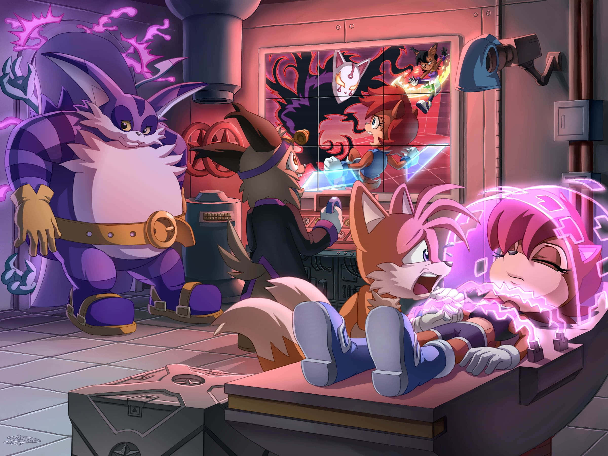Sonic Characters 桌布 壁紙 — 一隻紫色狐狸同粉紅色刺蝟喺高科技實驗室入面被電能嚇親，有一隻大紫貓同一個似女巫嘅角色喺度睇住。