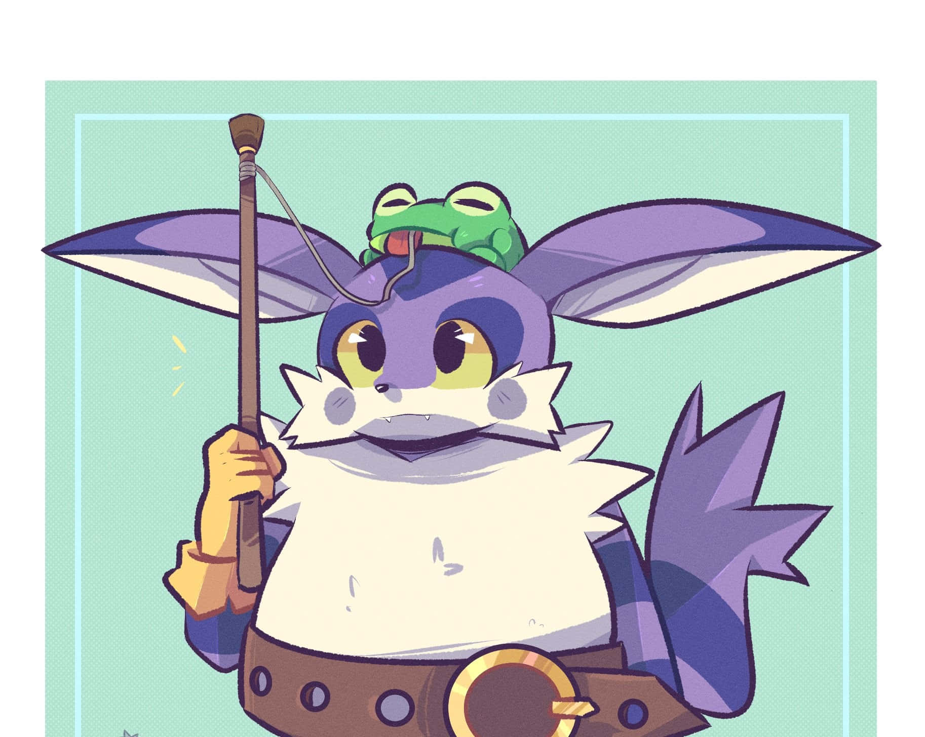Big The Cat 桌布 壁紙 — 一隻紫色狐狸狀生物，頭頂有青蛙，手持魚竿，背景為薄荷綠色。