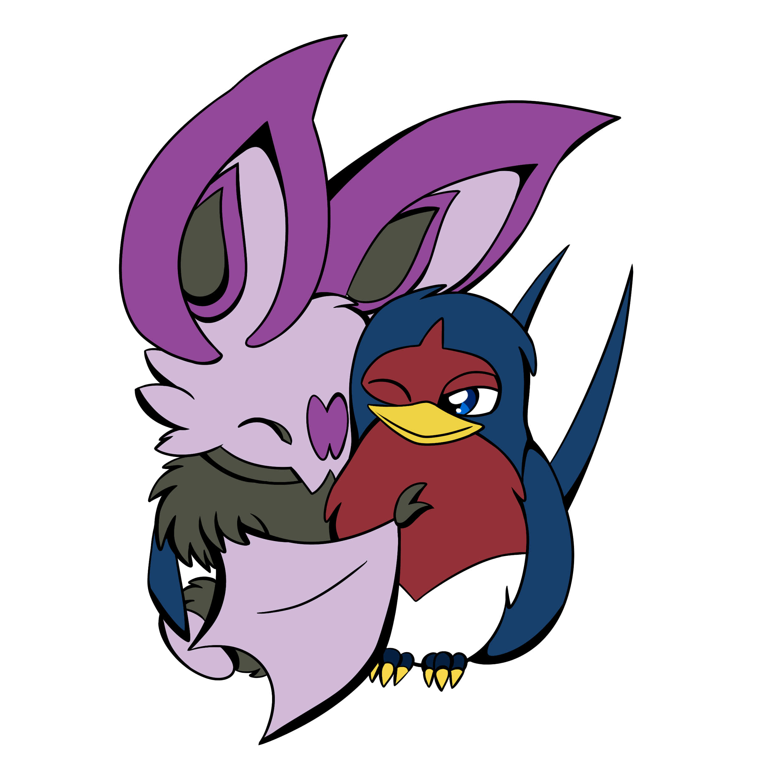 Pokemon 桌布 壁紙 — 一隻紫色的蝙蝠狀生物以可愛的卡通風格擁抱一隻藍紅相間、黃色喙的鳥。